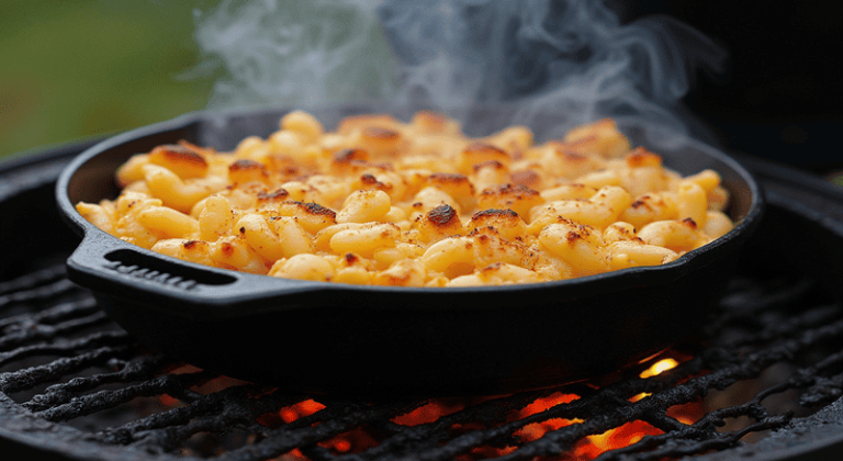 A cast-iron skillet filled with gratinated Smoked Mac and Cheese placed on a smoker, showing the golden-brown crust on top